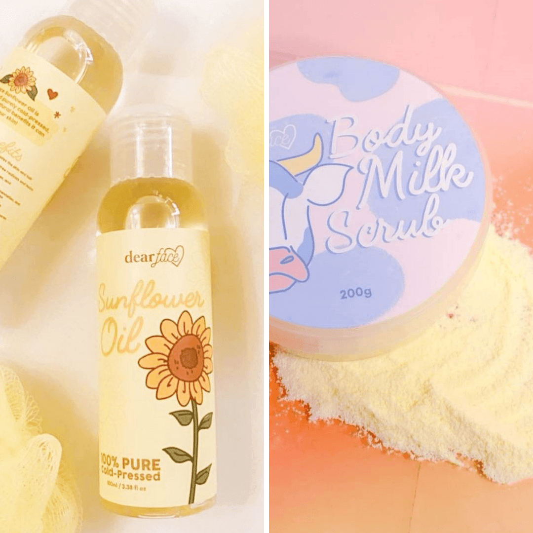 Dear Face Body Scrub Bundle promotion (dear face sunflower oil, dear face body milk scrub) in the United Arab Emirates- bluelily.me
